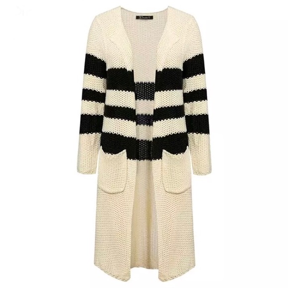 Striped Knit Long Open Cardigan Pocket Sweater - Picture 3 of 5